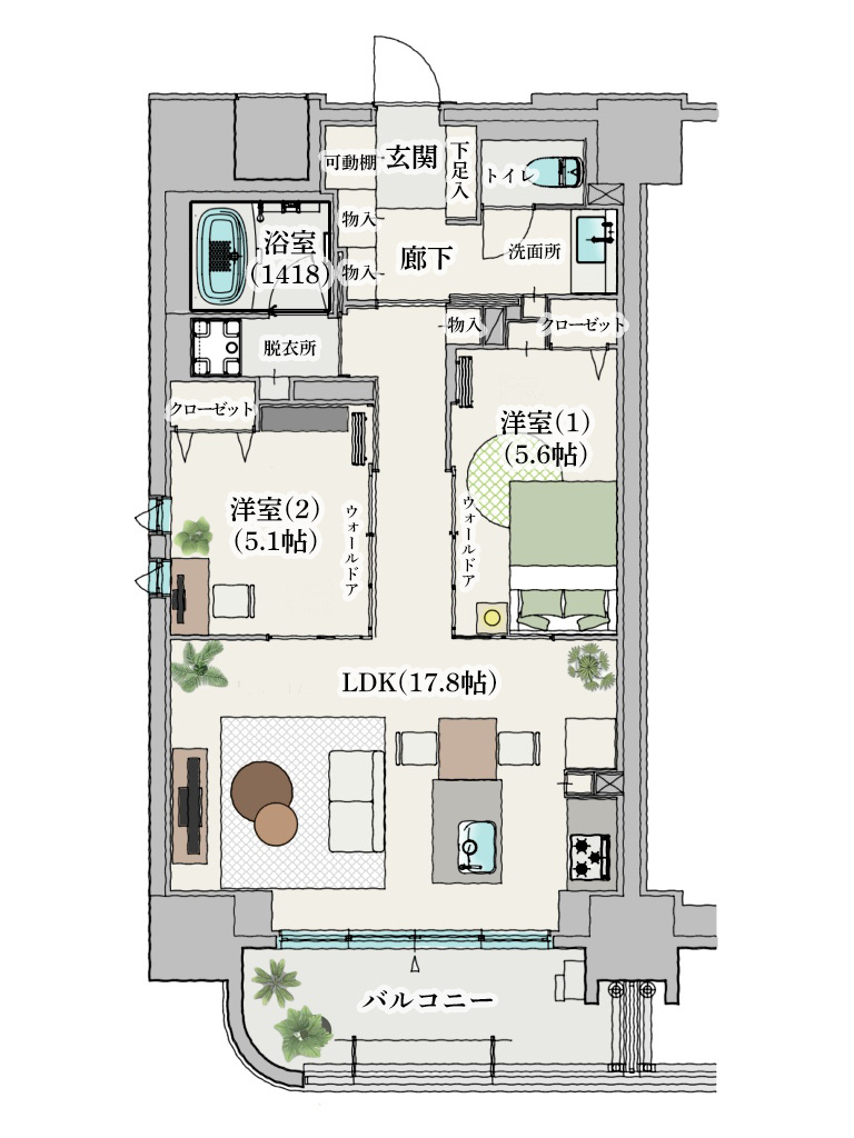 名古屋市名東区上社の新築分譲マンション「ユニロイヤル名東上社駅前」DINKS向け２LDK　家具付間取りイメージ