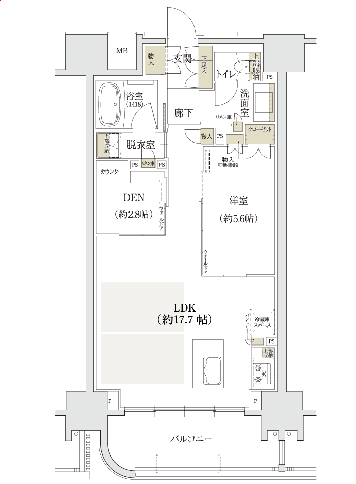 名古屋市名東区上社の新築分譲マンション「ユニロイヤル名東上社駅前」Bタイプ無料変更メニュー1「LD拡張＆書斎スペース」