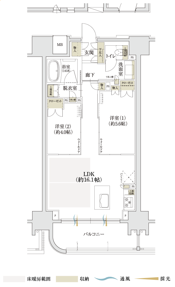 名古屋市名東区上社の新築分譲マンション「ユニロイヤル名東上社駅前」Bタイプ間取り2LDK