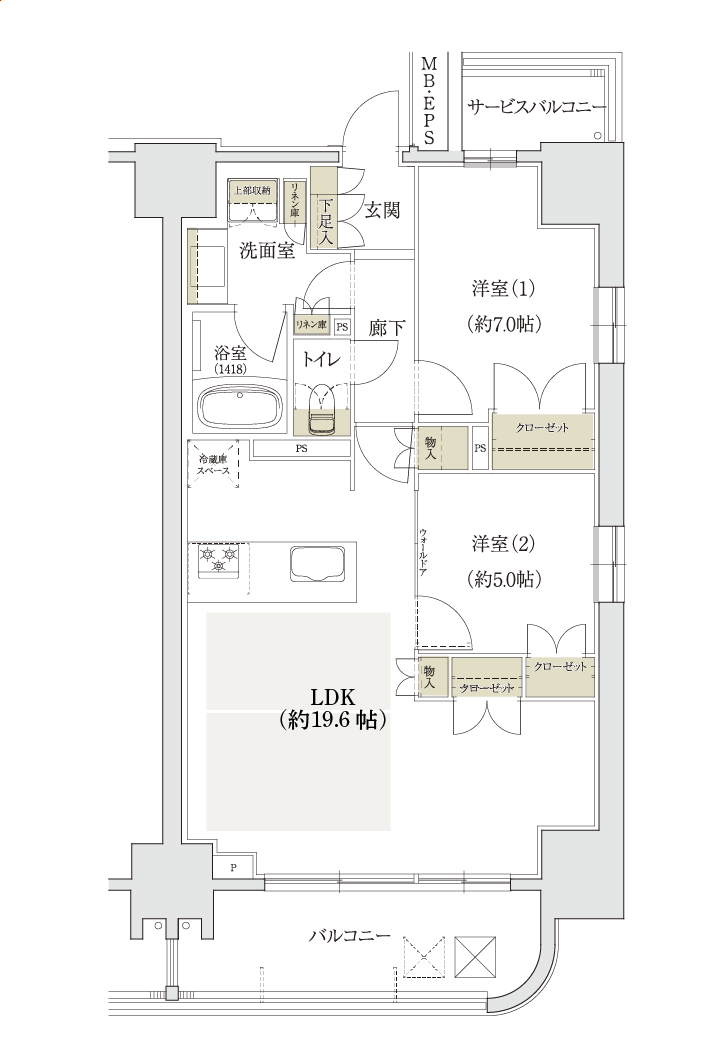 名古屋市名東区上社の新築分譲マンション「ユニロイヤル名東上社駅前」Cタイプ無料変更メニュー1「広々リビング・ダイニング＆ウォールドアに変更」