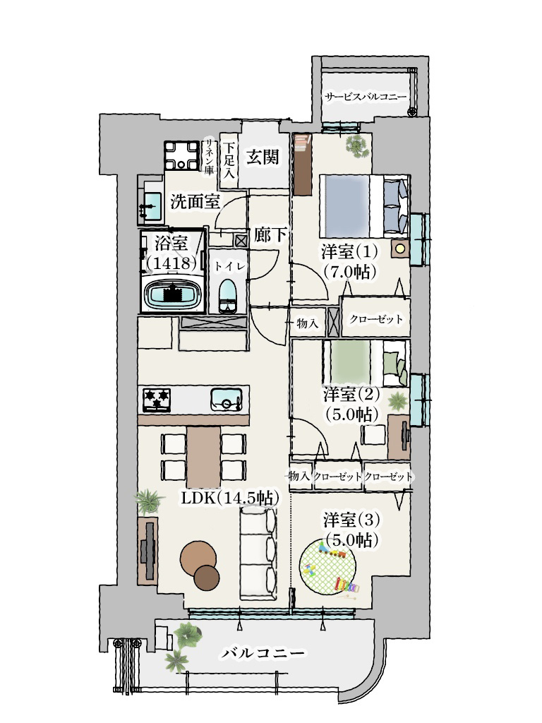 名古屋市名東区上社の新築分譲マンション「ユニロイヤル名東上社駅前」ファミリー向け3LDK　家具付間取りイメージ